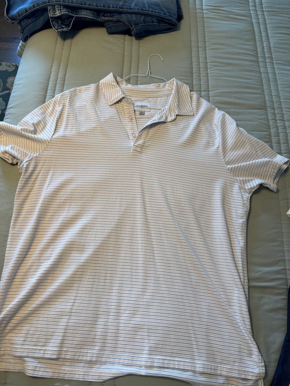 (Can be used for gender reveal)  Men's White Polo with Thin Blue Stripes